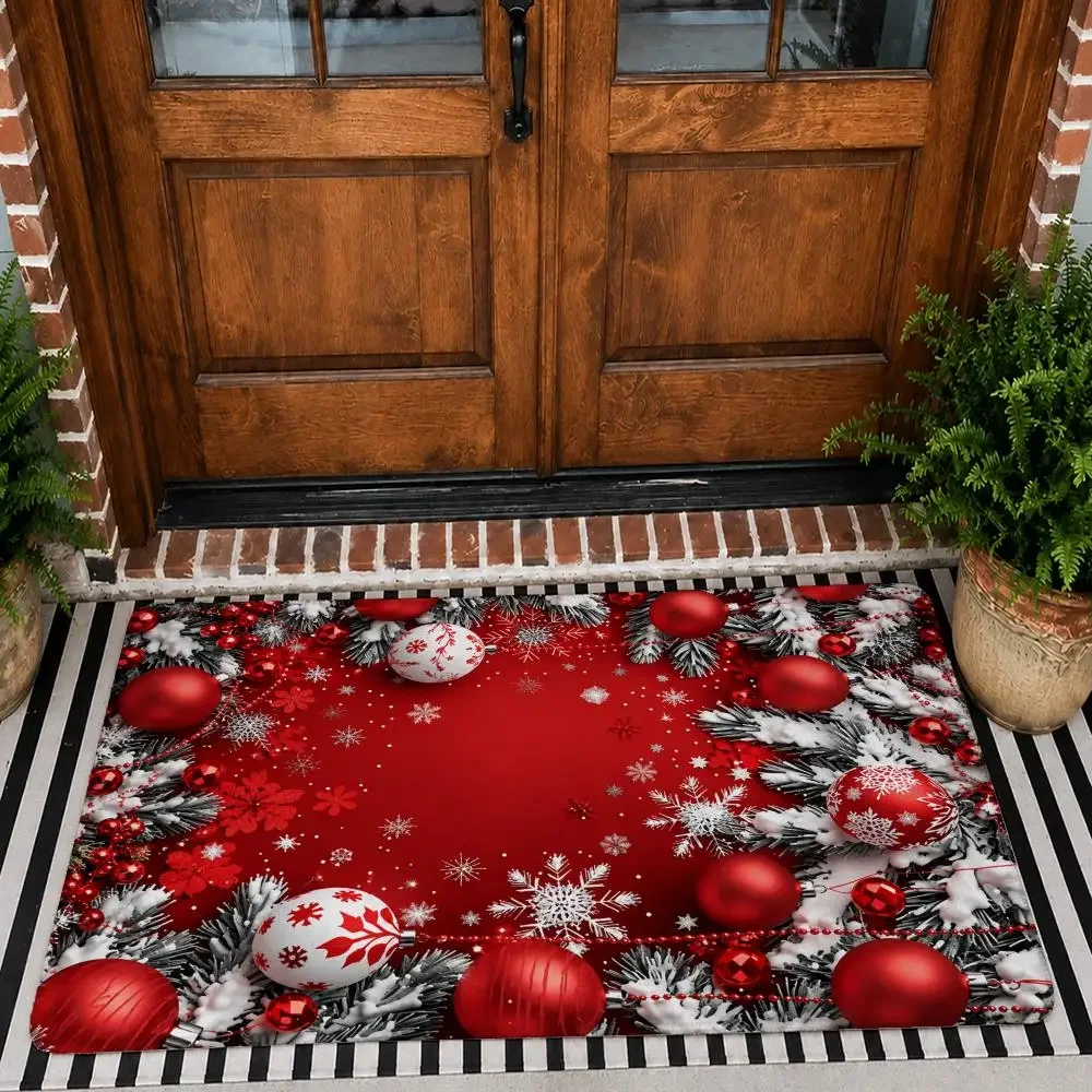 Christmas Festive Ornament Frames Floor Mat Flannel Rug Non Slip Absorbent Soft Washable For Entryway Bathroom Kitchen Decor