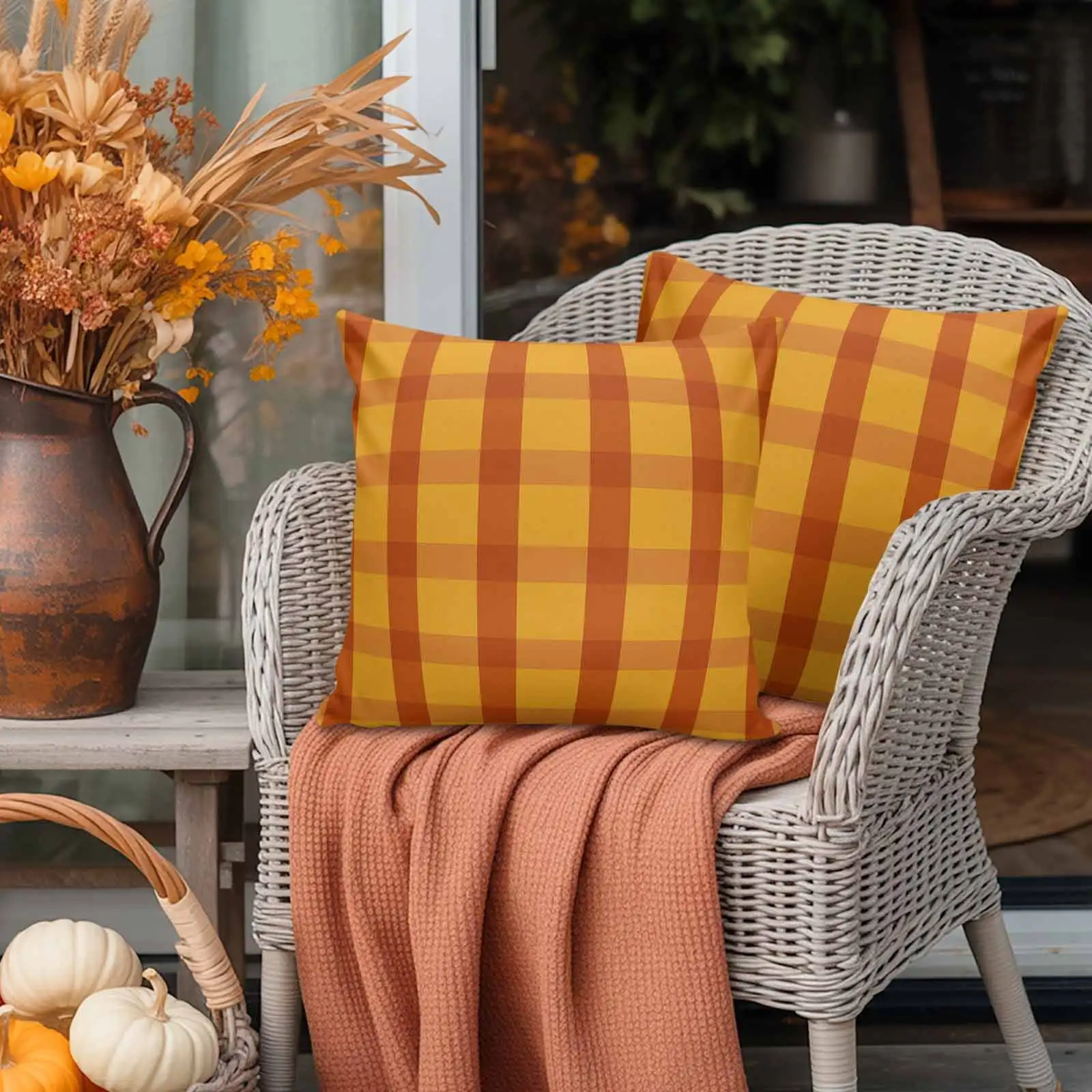 Outdoor Pillow Covers Thanksgiving Day Classic Gingham Plaid Waterproof Pillow Cases 16x16 Set of 2, Autumn