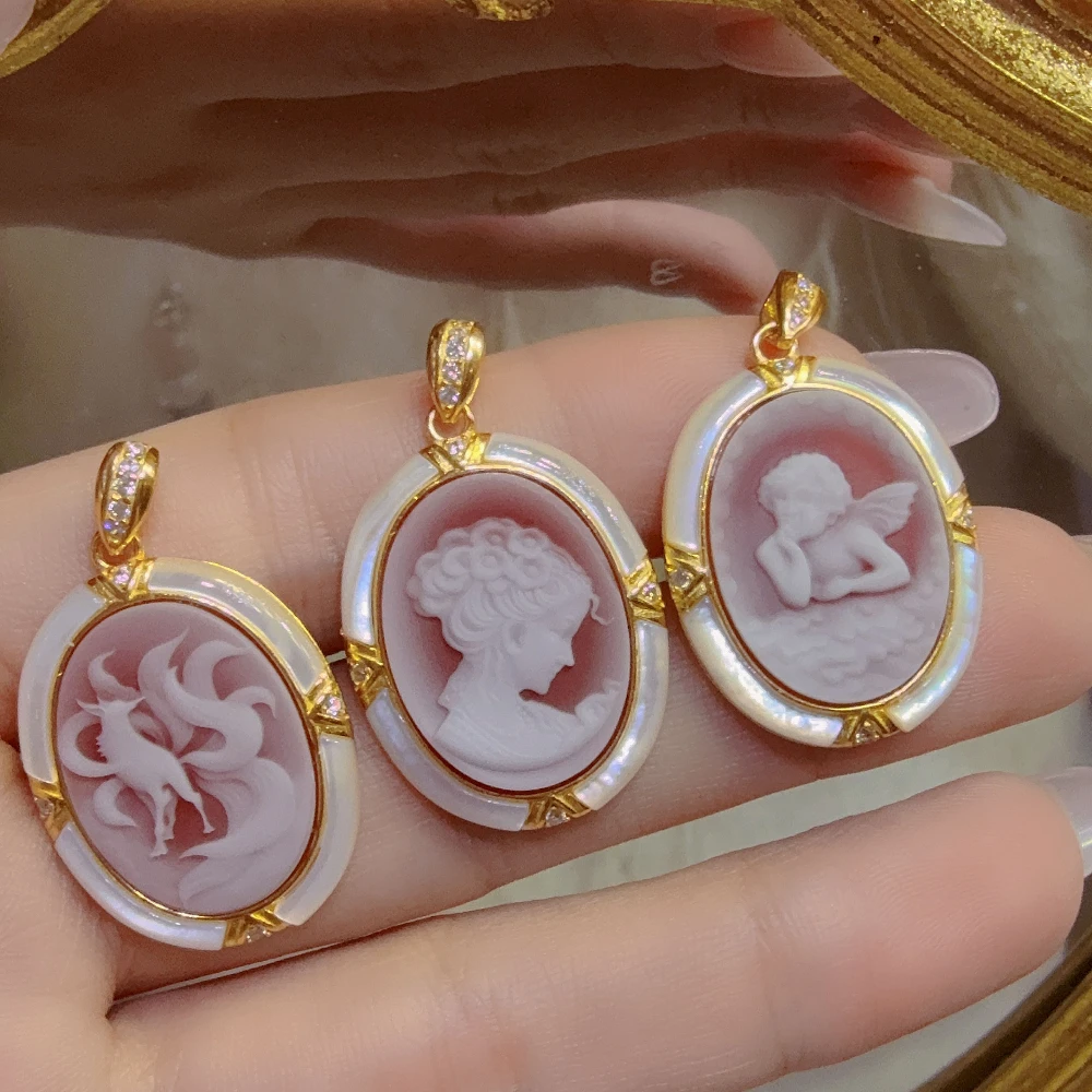 S925 Silver Plated 18k Gold Inlaid Agate Cameo Angel Nine-tailed Fox Flower God Pendant