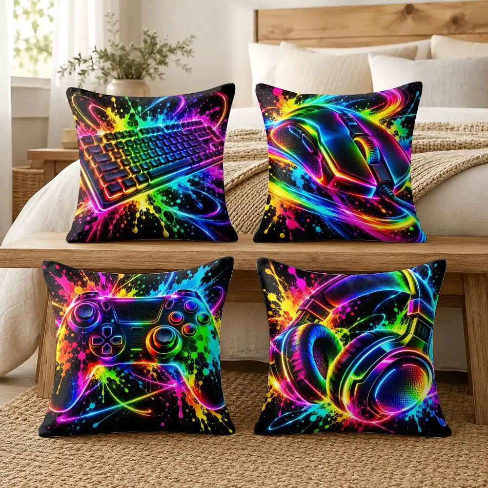 Game Headset Pattern Cushion Cover Soft Short Plush Pillow Cases Hidden Zipper Cutecore Sofa Bedroom Home Decor Gift