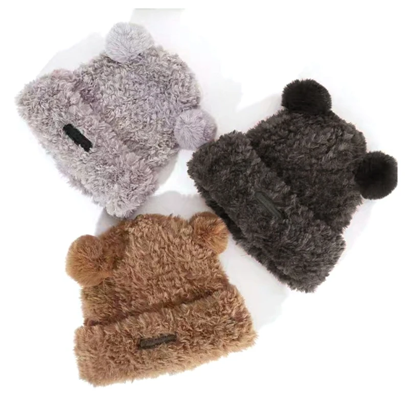 Furry Bear Beanie Colorful Buttons Headgear for Outdoors Windproof Headwear New Year Winter Christmas Party