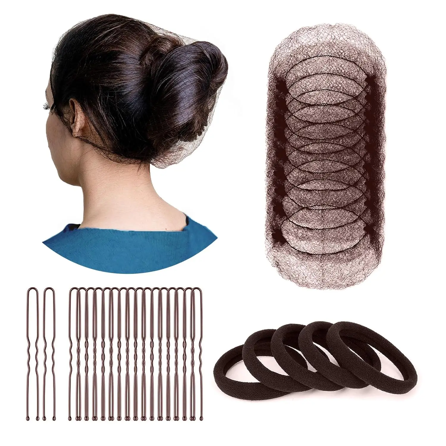 120Pcs Hair Net Accessories Set - Brown, 50Pcs Hair Nets 20inch, 45Pcs Pins 6cm, 25Pcs Ties