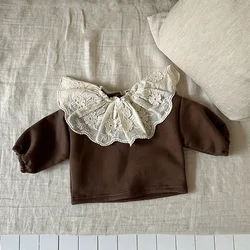 2025 Winter New Baby Long Sleeve Fleece Sweatshirt Girls Large Lace Collar Pullover Sweatshirt Plus Velvet Thick Infant Clothes
