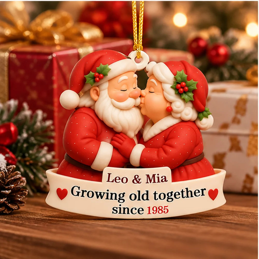 2D Flat Personalized Santa Mrs Claus Kissing Acrylic Christmas Ornament Custom Couple Name & Year Xmas Tree Hanging Pendant Gift
