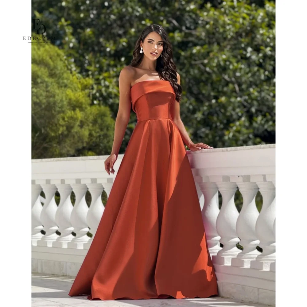 EDECPBM Satin Strapless Orange Ball Gown Princess Prom Dress Elegant Structured Folded Bodice Detail Rich Burnt Hue Customized
