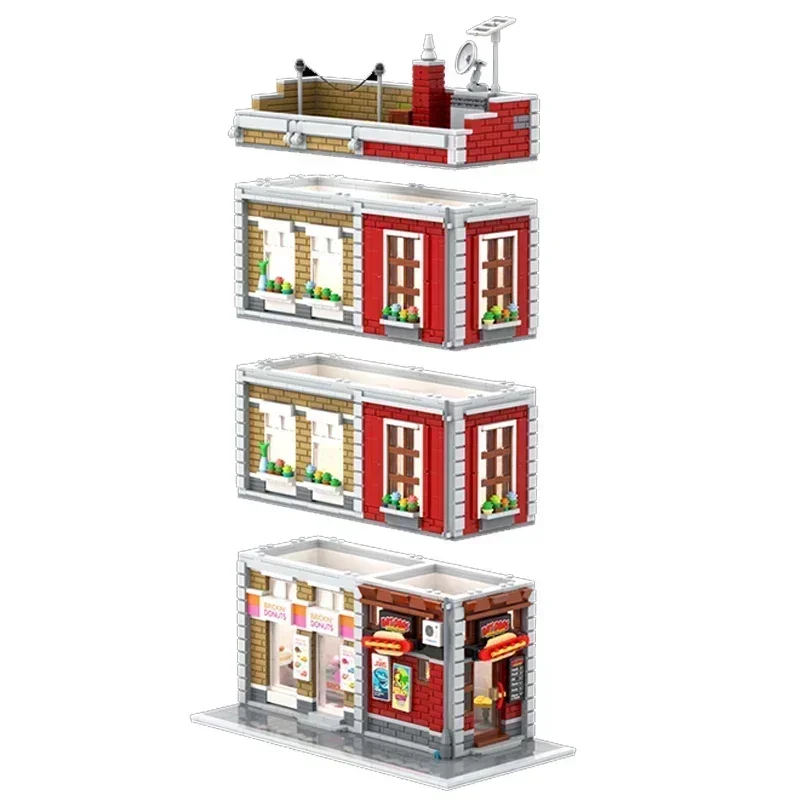 

Moc Building Bricks Street View Model Hot Dogs And Donuts Store Technology Modular Blocks Gifts Christmas Toys DIY Sets Assembly