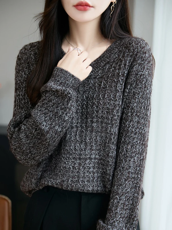 

Ele V-ne Knitted Sweater Women's Coffee Floral Weave Long Sve Lazy Slimming Top French Sle Loose Fit Soft Fabric