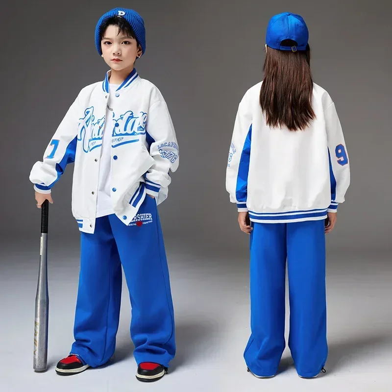 

Kids Hip Hop Clothing White Baseball Jacket Sport Top Joggers Pants Girls Boys Streetwear Jazz Dance Costume Children Tracksuit