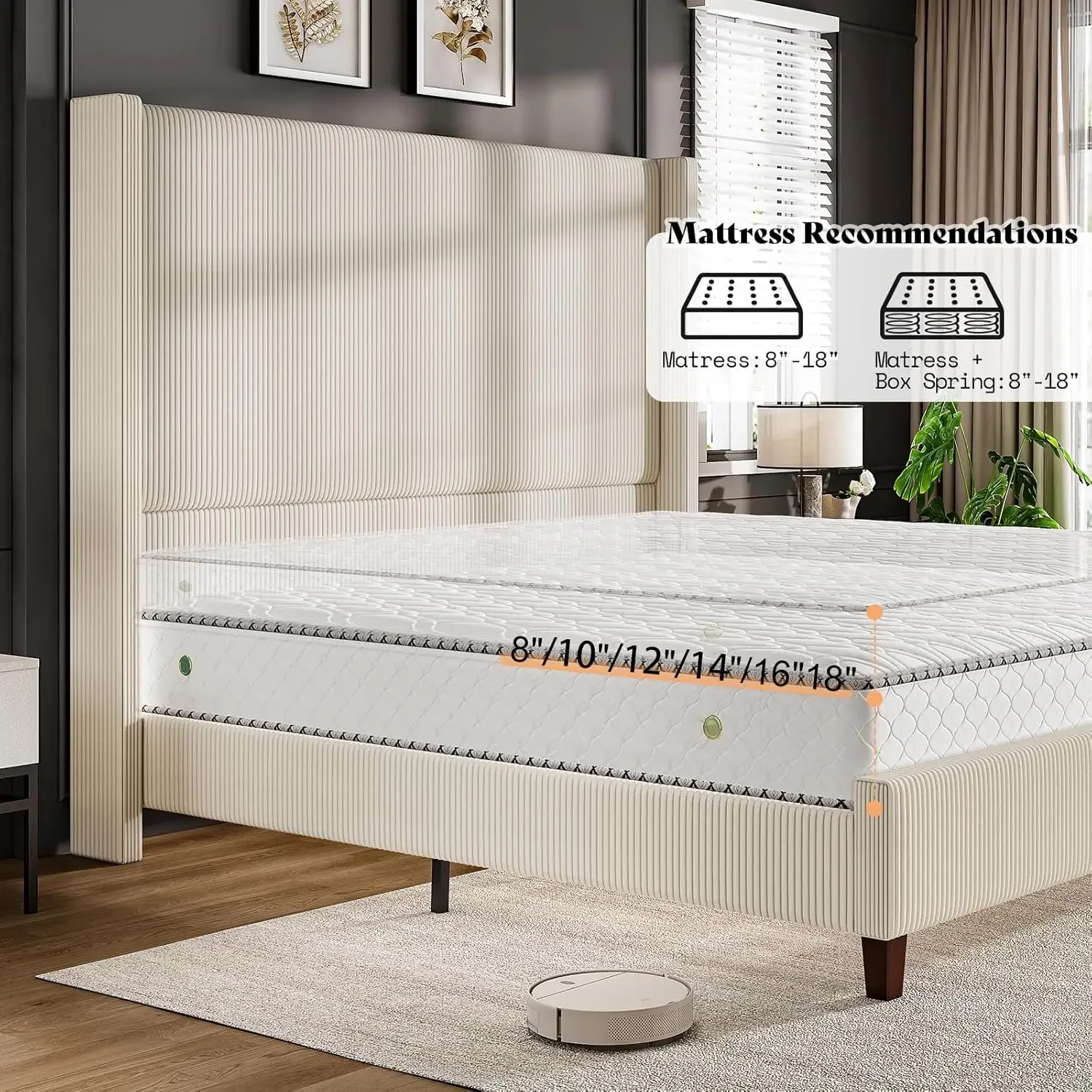 Queen Size 62" Corduroy Upholstered Bed Frame, Luxurious Platform Bed with Extra Tall Wingback Headboard and Vertical Stripe image 5