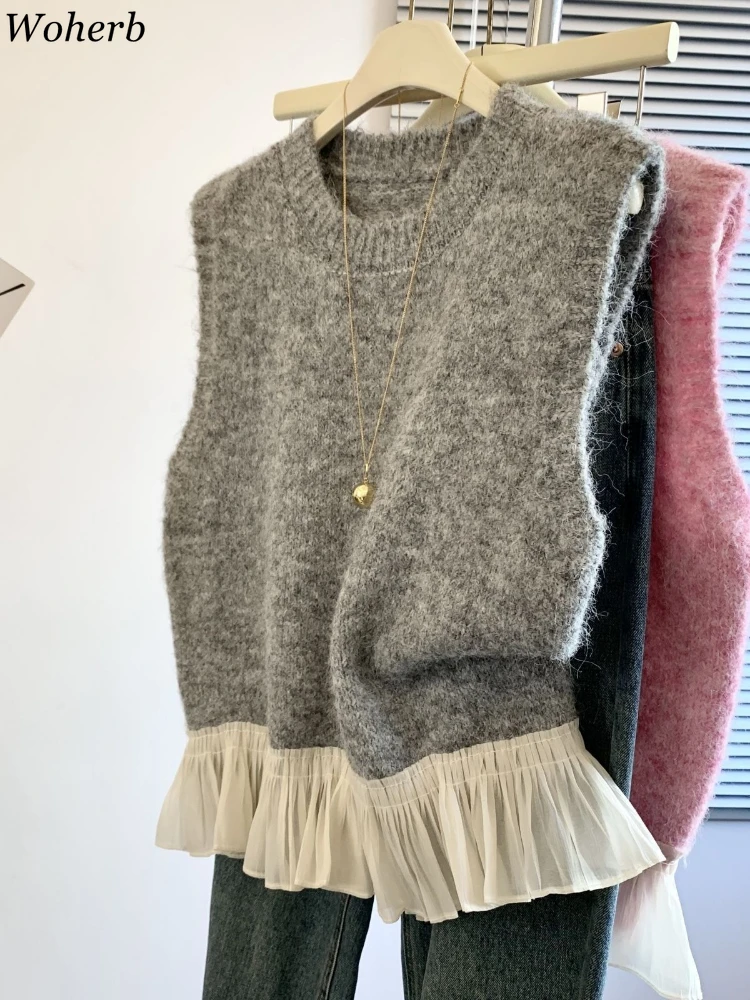 

New Ruffled Patchwork Vest for Women 2025 Ropa Mujer Korean All Match Sleeveless Casual Tanks Fashion Knitted Vintage Waistcoat