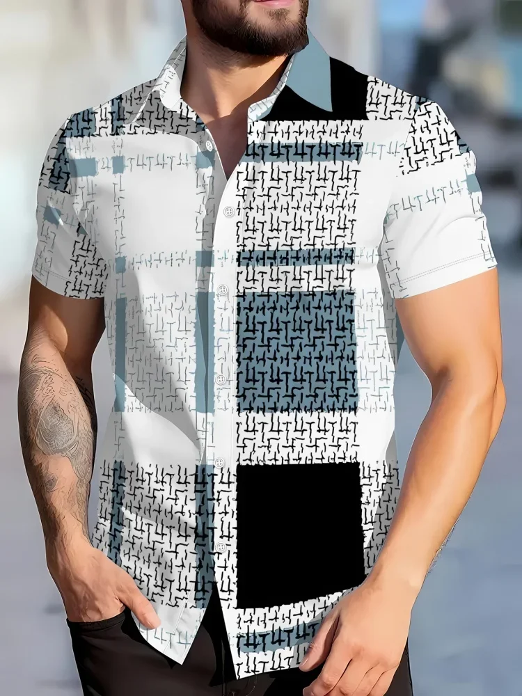 

New Fashion Colorful Patchwork Geometric Pattern Men Shirt Summer Short Sleeve Tops Harajuku Casual Vacation Holiday Men Shirts