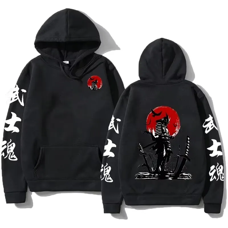 2026 Samurai Japanisches Anime-Muster Bedruckter Kapuzenpullover Lässige Mode Ärmelbedruckte Freizeit-Sportbekleidung mit Taschen