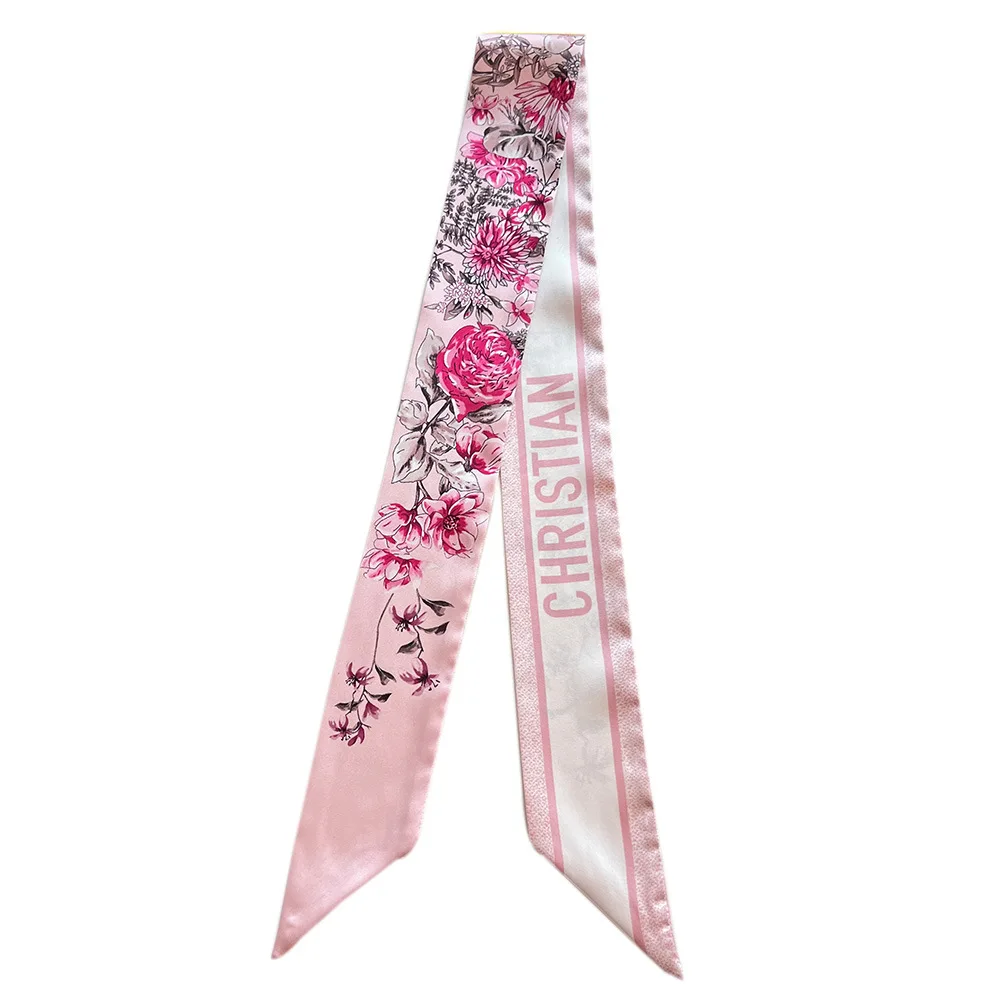 Novo lenço de seda longo floral-imitação de seda pequeno laço premium pescoço cachecol & hairband bolsa alça fita para mulher