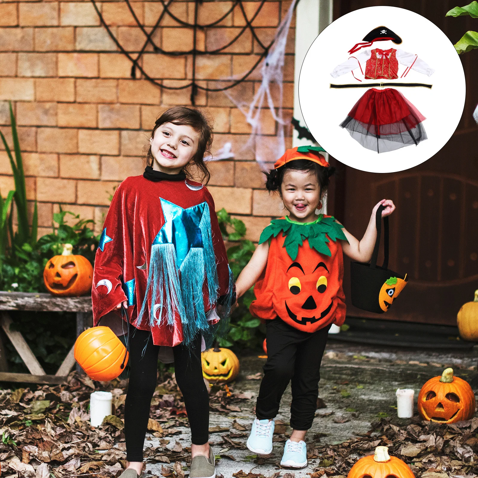 

4Pcs Kids Pirate Cosplay Costume Classic Dress Skirt Belt Hat Halloween Party Outfit Size M 105cm-115cm Kids Pirate Costume