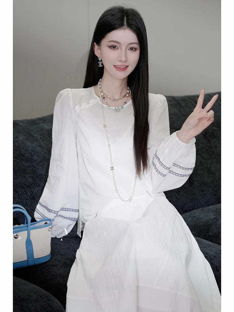 

New Chinese Style Women's Shirt Bubble Sleeve Top Spring Summer Design Sense Cotton Long Sleeve round Neck Thin Model GZ