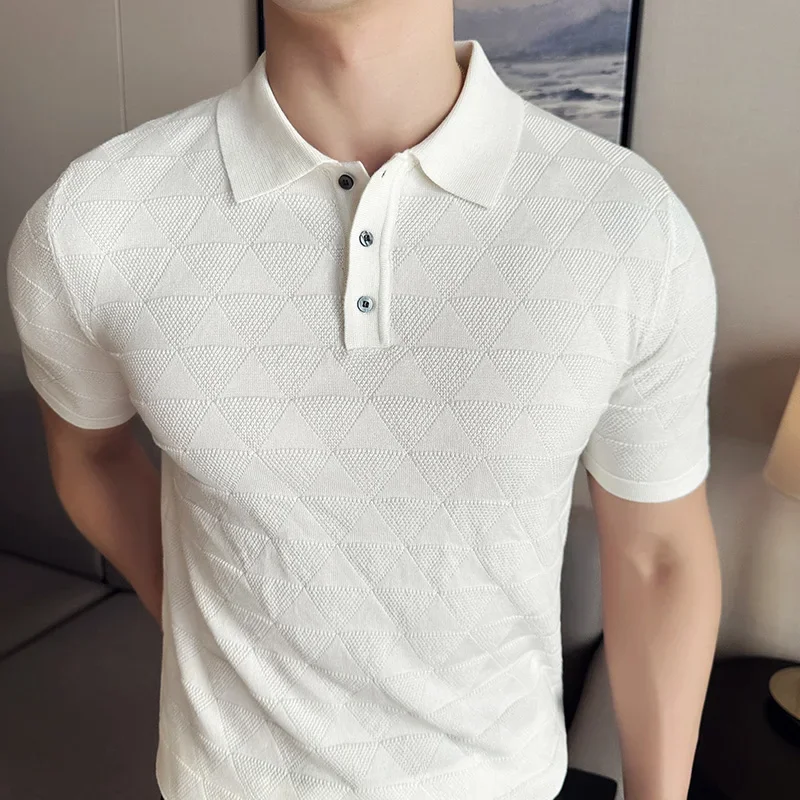 Men\'s Polo Shirt 2024 Summer New Ice Silk Thin Solid Knitted Jacquard Short Sleeve Flip Collar T-shirt Casual Men\'s Clothing