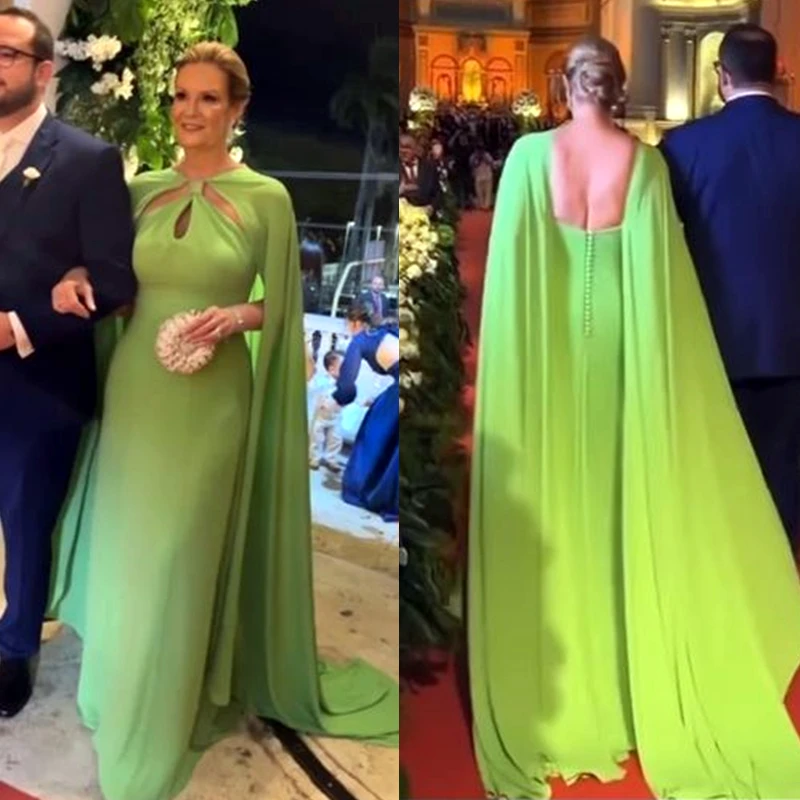 Elegant Light Green Evening Dresses For Women Sexy Backless Cape Sleeve Formal Occasion Gowns Simple A Line Long Celebrity Dress