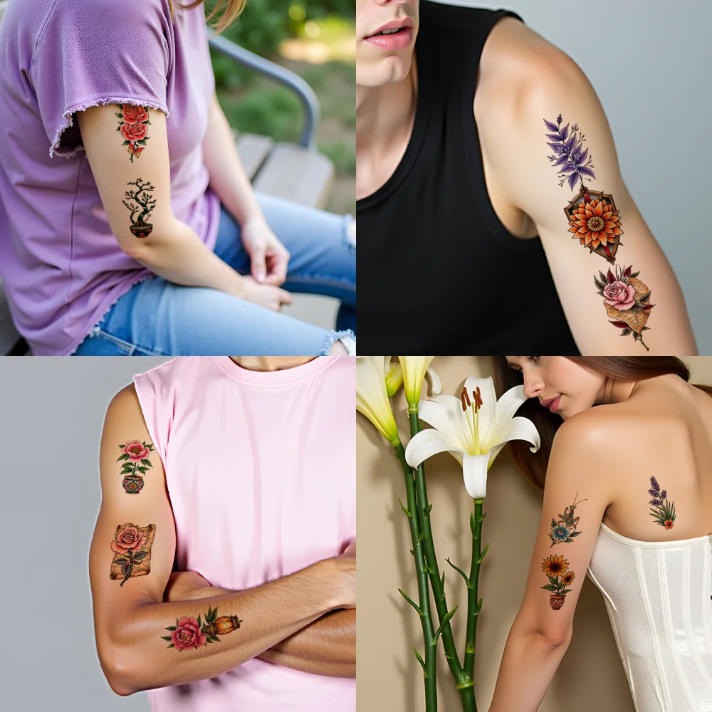 28 個一時的なタトゥー一時的なタトゥーステッカー鉢植えの花ボタニカルアートフラワーアレンジメント男性大人女性