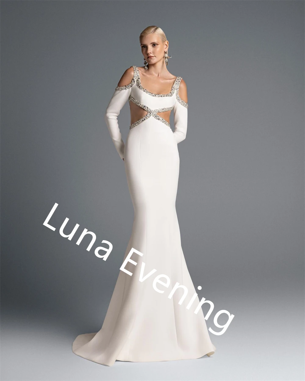 Robe de soirée en Jersey blanc délicat, personnalisée, col carré, bretelles Spaghetti, manches longues, robes de célébrité sirène, cri