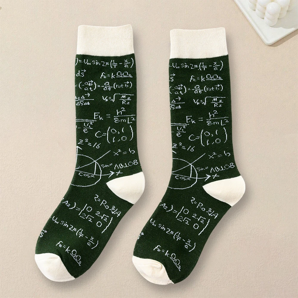 1 Pair Men Mathematical Letter Pattern Round Neck Socks Casual Fashionable Creative Breathable Comfortable Mid Length Socks