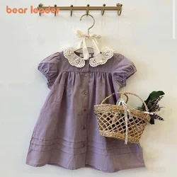 Bear Leader Girls Summer Dress Lace Collar Puff Sleeved Elegant Baby Kids Princess Birthday Dresses Children Clothes Vestidos