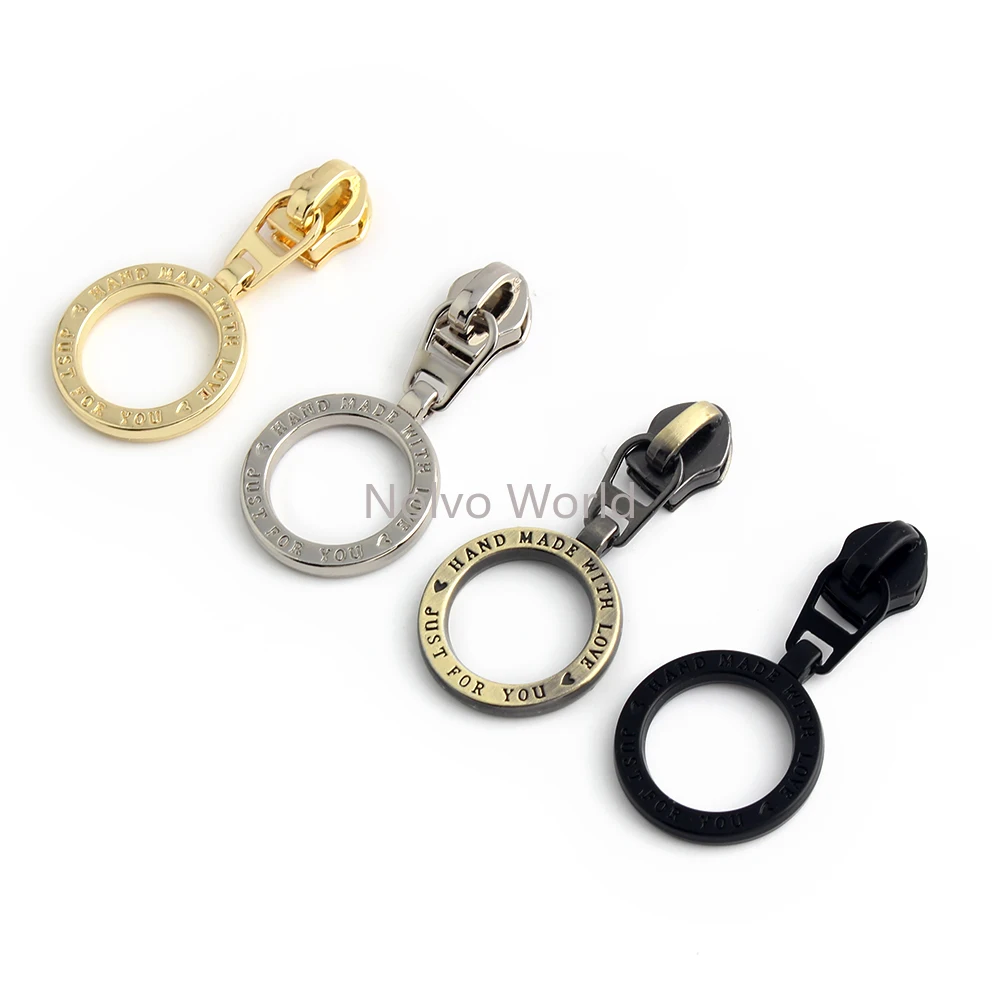 10/30/100PCS 5# Nylon Metal Round Zipper Puller For Purse Clothes Bags Shose Removable Zipper Head Engraved Handmade Accessories