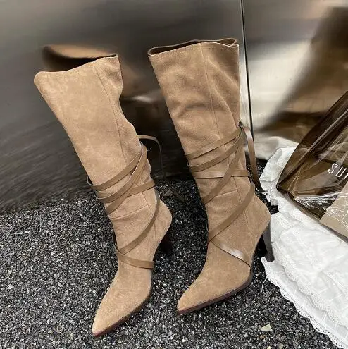 

Khaki Army Green Brown Frosted Pointed Toe Cross Tied Knee High Boots Women Lace Up Spike Heels Slip On Tube Long Botas Shoes