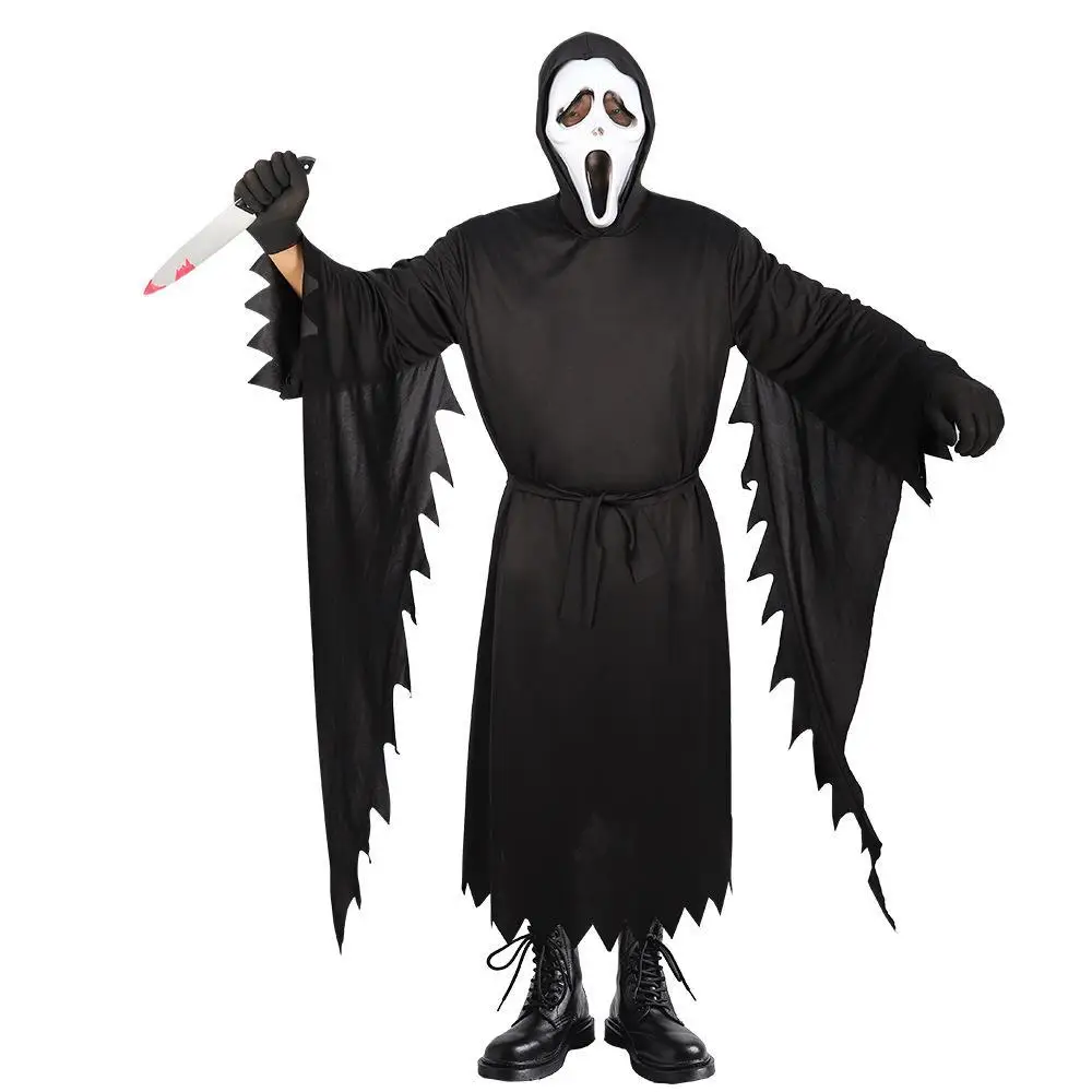 Halloween Cosplay Kostüm Sensenmann beängstigend Skelett Kleidung Kinder Erwachsene Geist Robe mit Maske Messer Karneval Party Rollenspiel