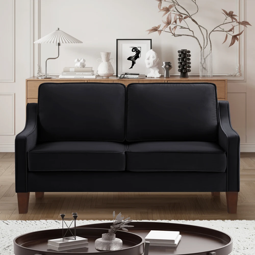 

Modern Loveseat sofa for Living Room, Upholstered Velvet Small Couch with Wooden Legs for Livingroom Bedroom, Black