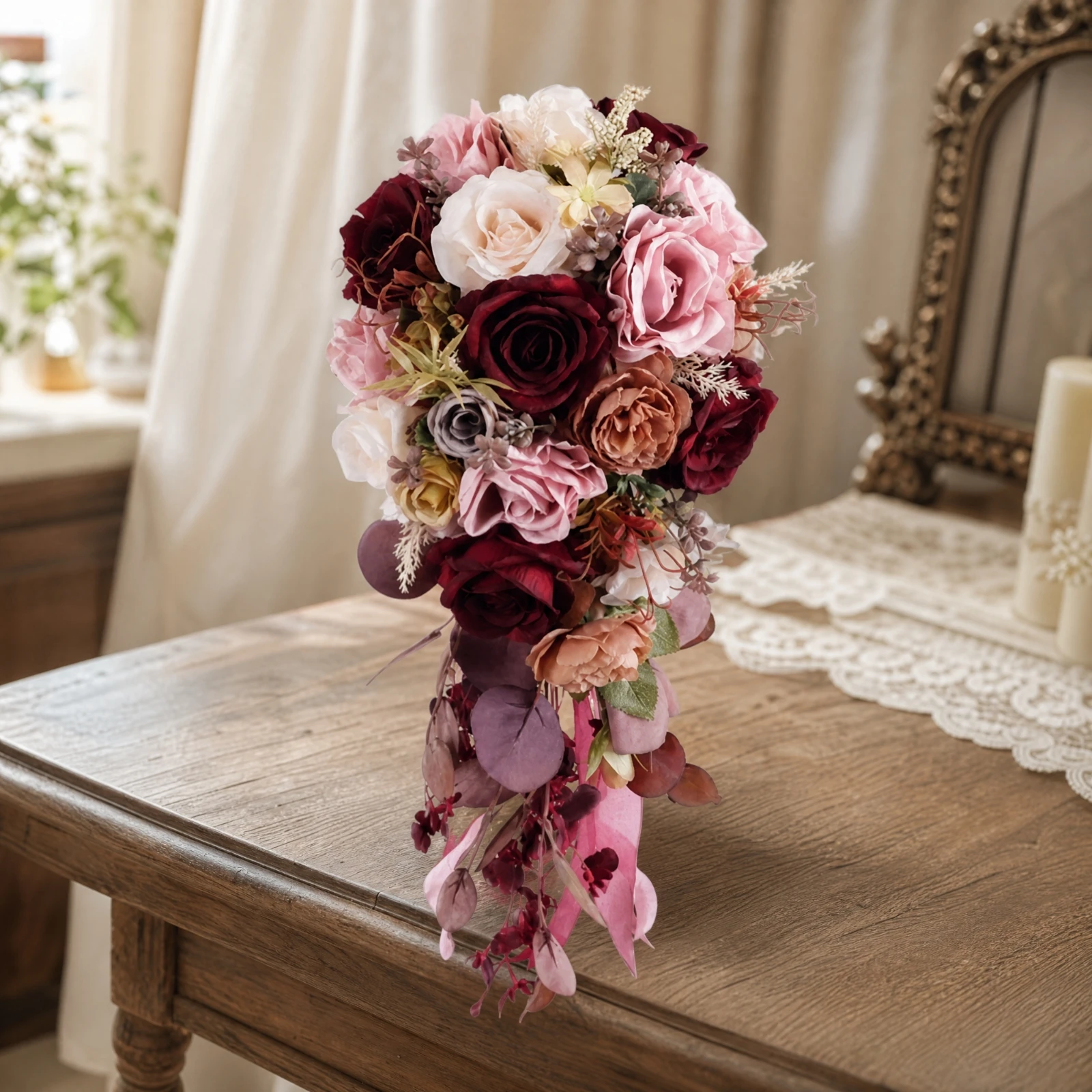 Cascading Teardrop Bridal Hand Bouquet Long-Lasting Cascading Rose Bouquet with Gathered Stem Pink Voluminous for Brides