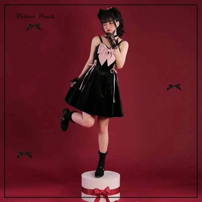 

Japan black dress pink bow women Y2K bandage A-line fashion high street sweet velvet camisole dresses slim waist 2024 New