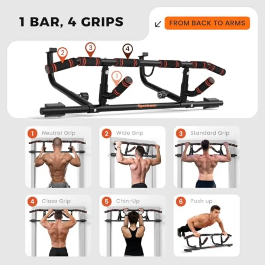 Doorway pull-up bar for home gym strength training, steel construction, black finish, folding handle with multi-grip design, 44 view 5