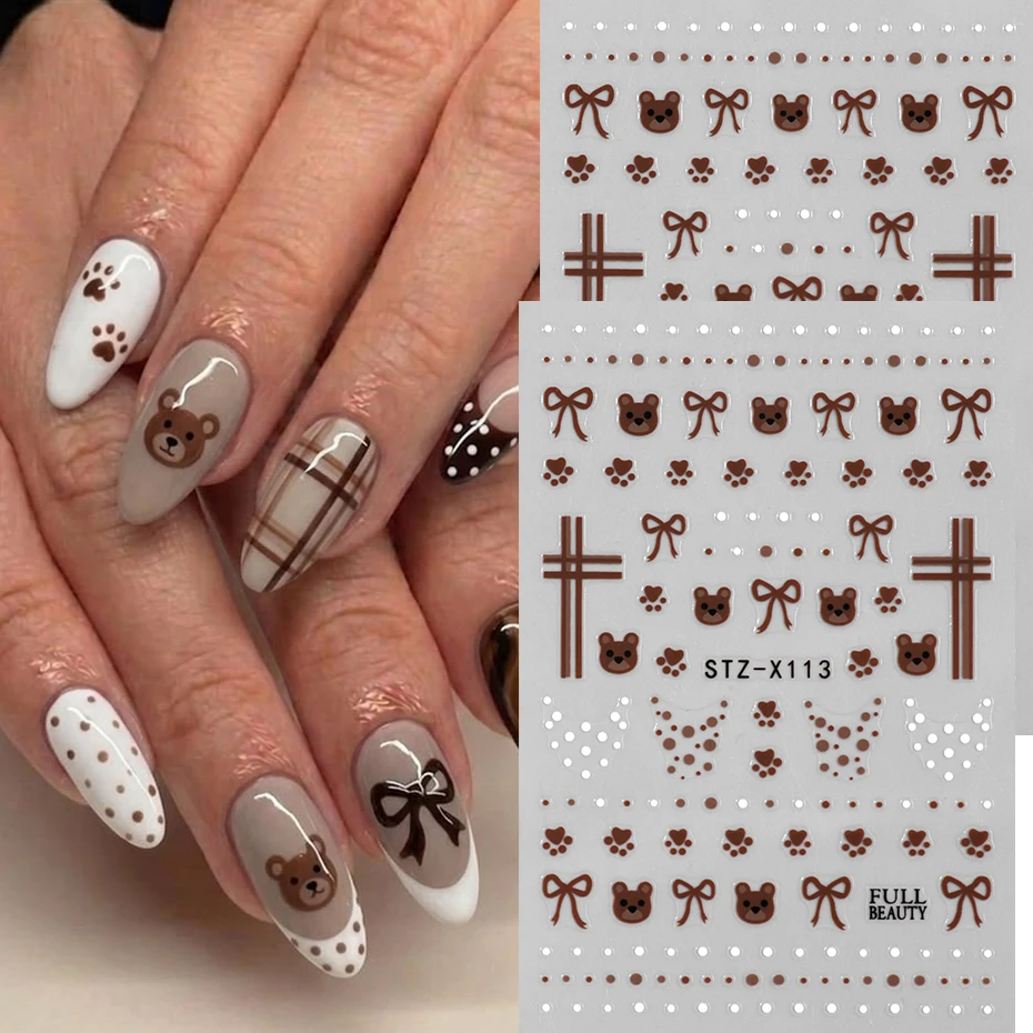 Vintage niedliche Bären-Nagelkunst-Aufkleber, süßer brauner Bär, Schleifen-, Polka-Dot- und Linien-Design, selbstklebende Nagelaufkleber, Zubehör