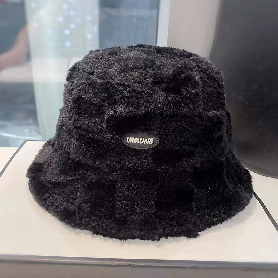 Fluffy Imitation Plush Letter Women's Fisherman Hat, Solid Color Flat Top Hat, Men's and Women's Outdoor Thick Warm Sun Hat