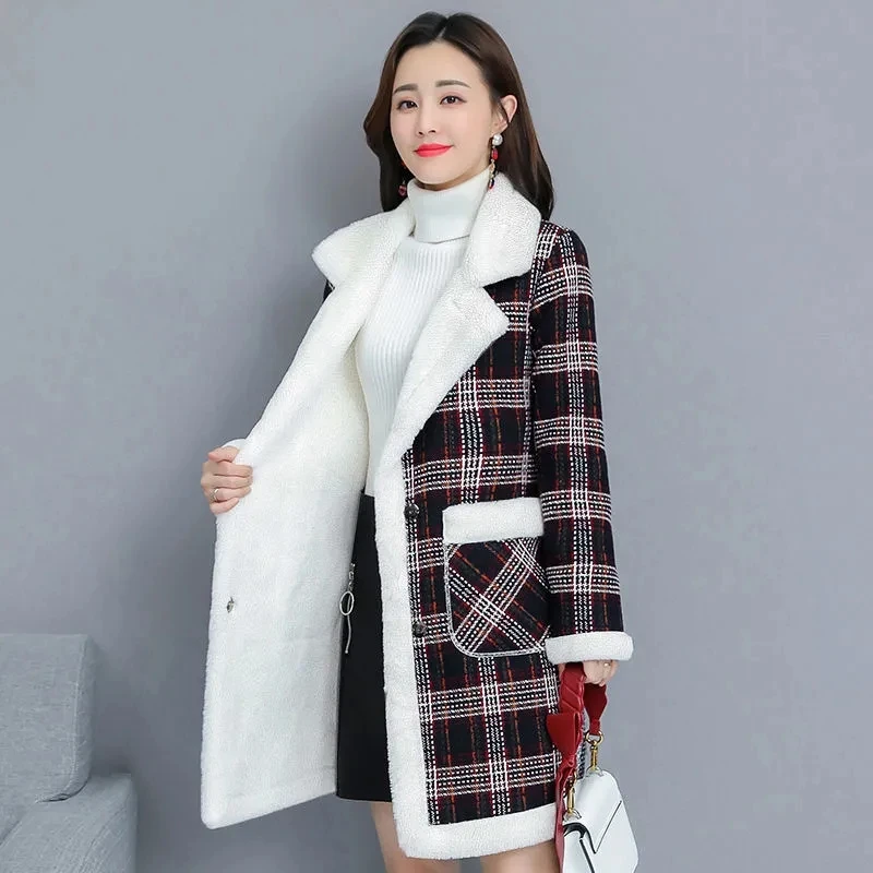 

Trend Winter New Women Jacket Faux Lamb Woolen Coat Lattice Thicken Plus Velvet Mid Long Female Cloth Overcoat Warm Cotton Jacke