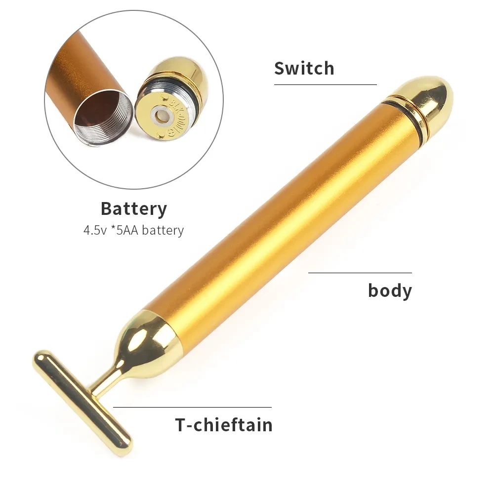 Energy 24K Gold T Beauty Bar Facial Roller Massager T-Shape Face Lift Bar Pulse Vibration Firming Face Massage Lift Tools Stick
