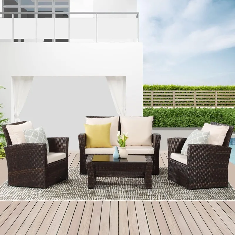 Lane 4 Piece Outdoor Patio Furniture Sets, Wicker Conversation Set for Porch Deck, Brown Rattan Sofa Chair with Cushion