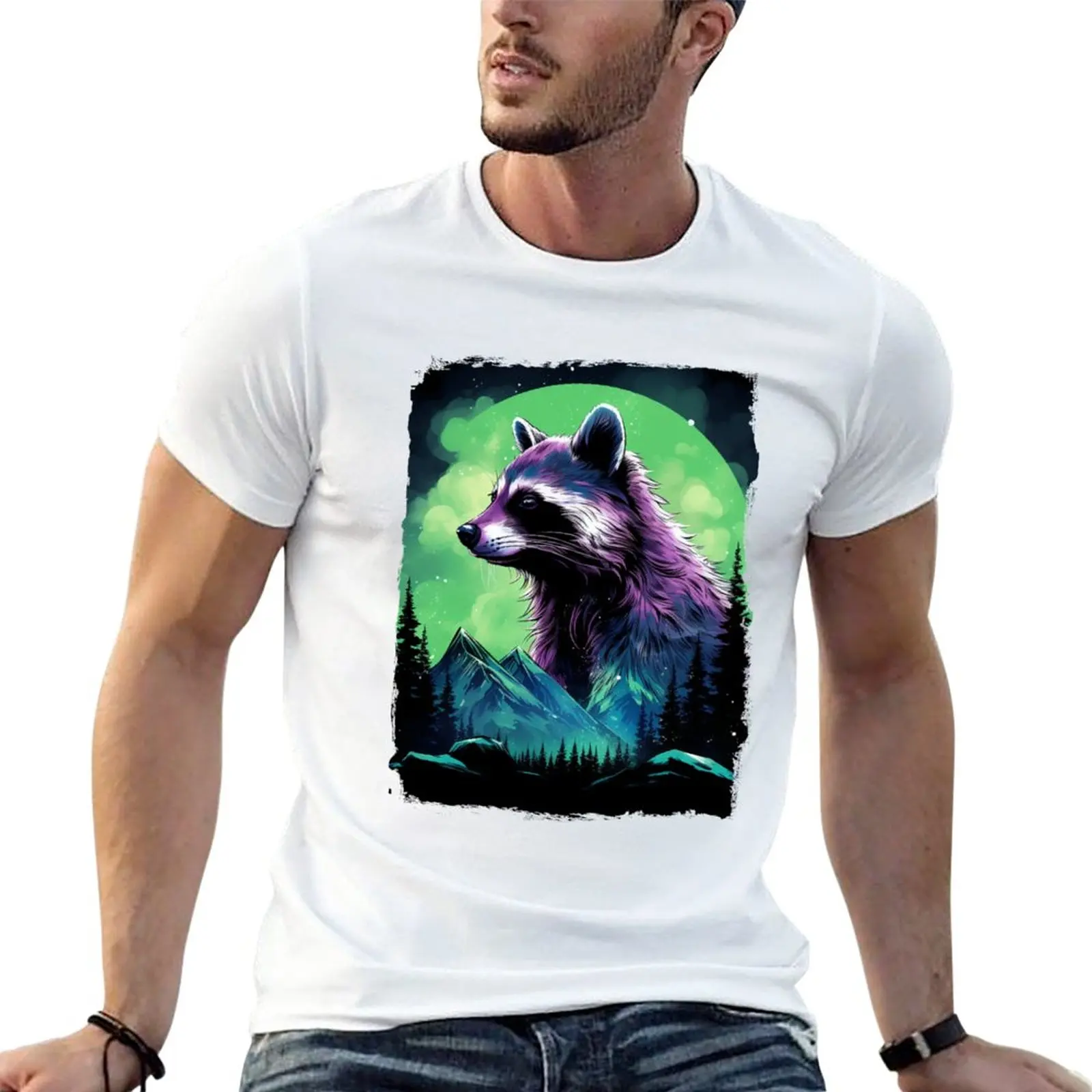 New Raccoon Under Northern Light Aurora Borealis Scenery Mountains Rivers Trees T-Shirt black t shirts cute tops Men's clothing