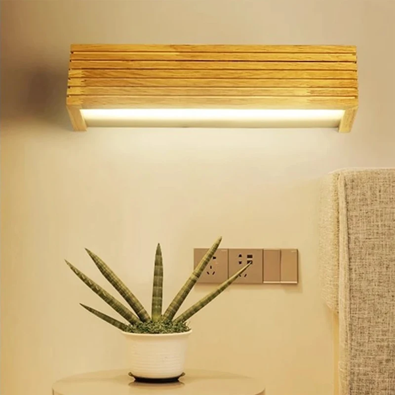 

Современный скандинавский настенный светильник из массива дерева, домашний светодиодный линейный бра с акриловым абажуром, настенный светильник для спальни, гостиной