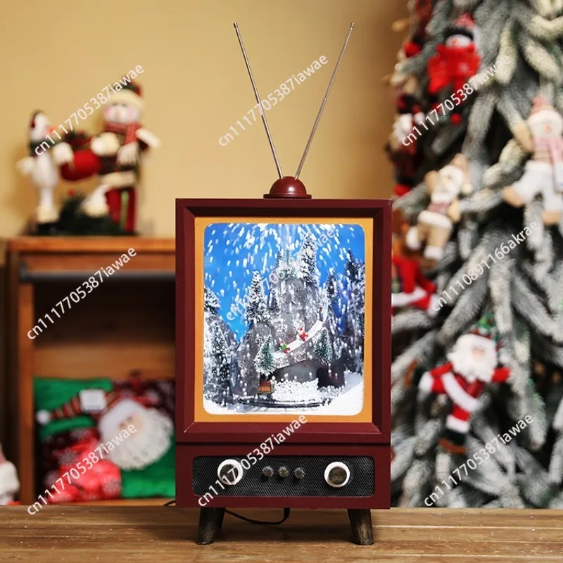 New Christmas decorations small retro TV snow music lighting venue set props