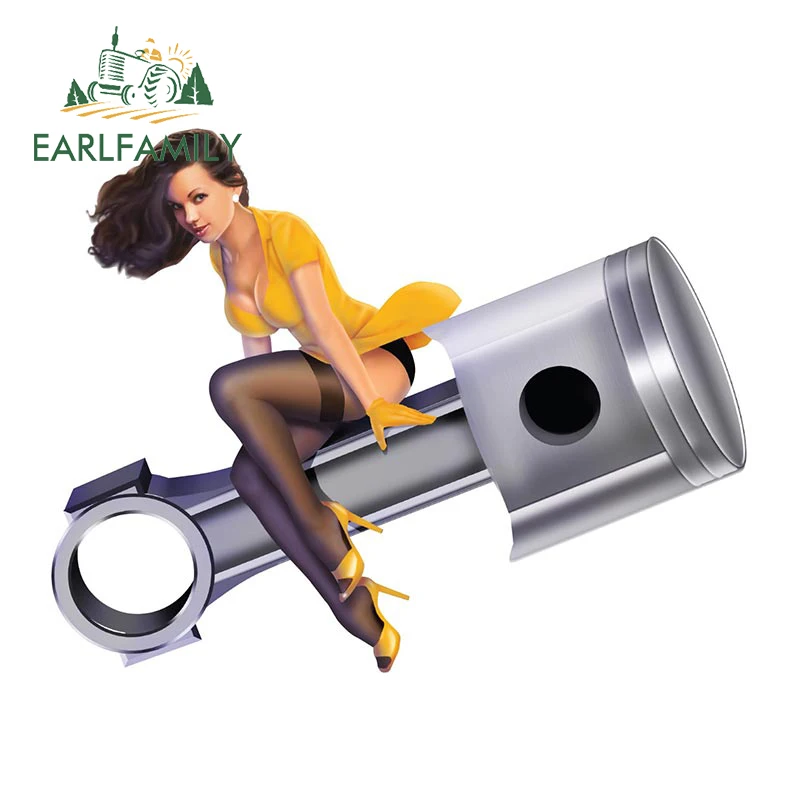 EARLFAMILY Piston Pin Up Girl Car Sticker Hot Rod Window Trunk Laptop Toolbox Decal Retro Car Styling Motocross Sticker Car Wrap