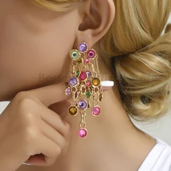 Bohemian Colorful Full Crystal Metal Drop Earrings For Women Luxury Statement Long Tassel Pendant Ethnic Style Vintage Jewelry