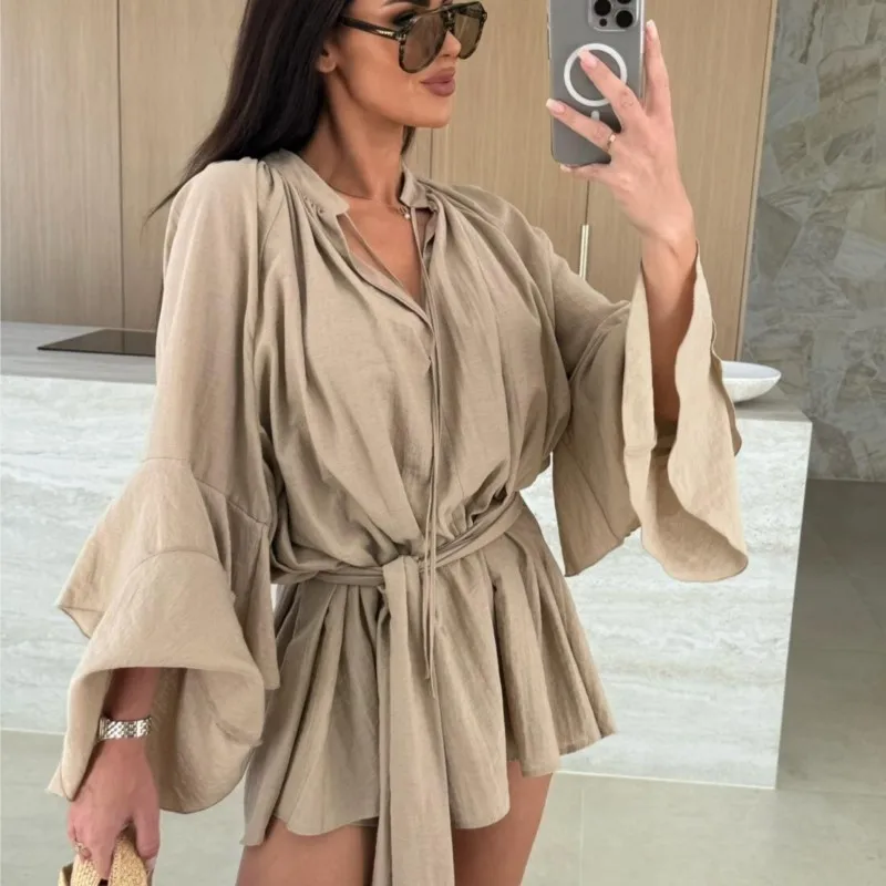 

New Women Classic V-Neck Ruffled Lace-Up Mini Dress Loose Long Flare Sleeve Fold Dresses Fashion Elegant Holiday Short Vestidos