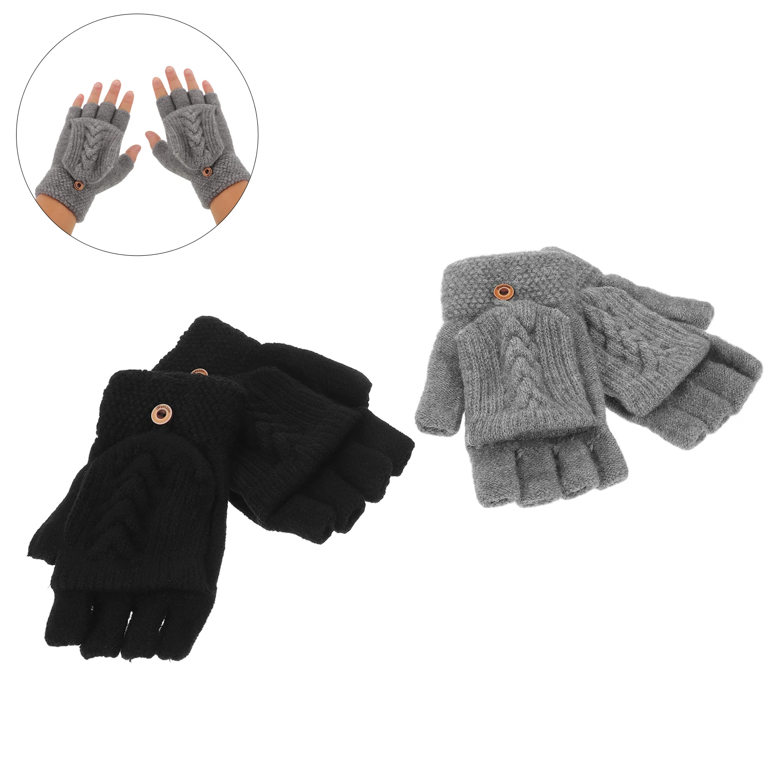 

2Pairs Flip Cover Fingerless Gloves Women Knitted Thermal Windproof Touch Screen Half Finger Gloves for Outdoor Sports Skiing