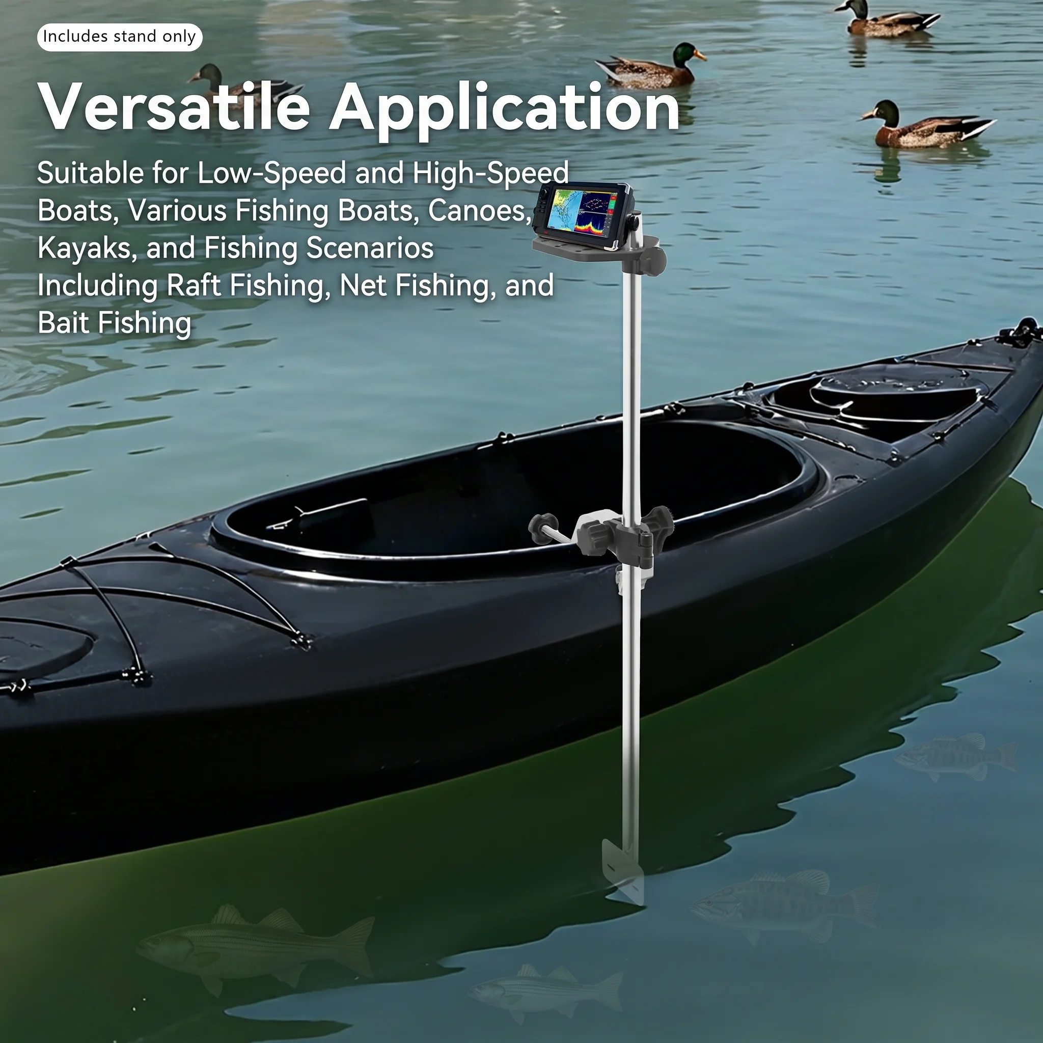 Universal Transducer Bracket Portable Fishfinder Mount, 360° Rotatable Fishing Boat Bracket with 3.15" Max Clamp Opening, Adjustable Height for Kayak Canoe Raft, Silver/Black