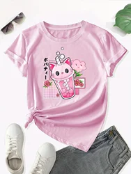 Boba Tea Cat Bubble Print T-Shirt, Kawaii Crew Neck Short Sleeve T-Shirt For Spring & Summer, Women's Clothing