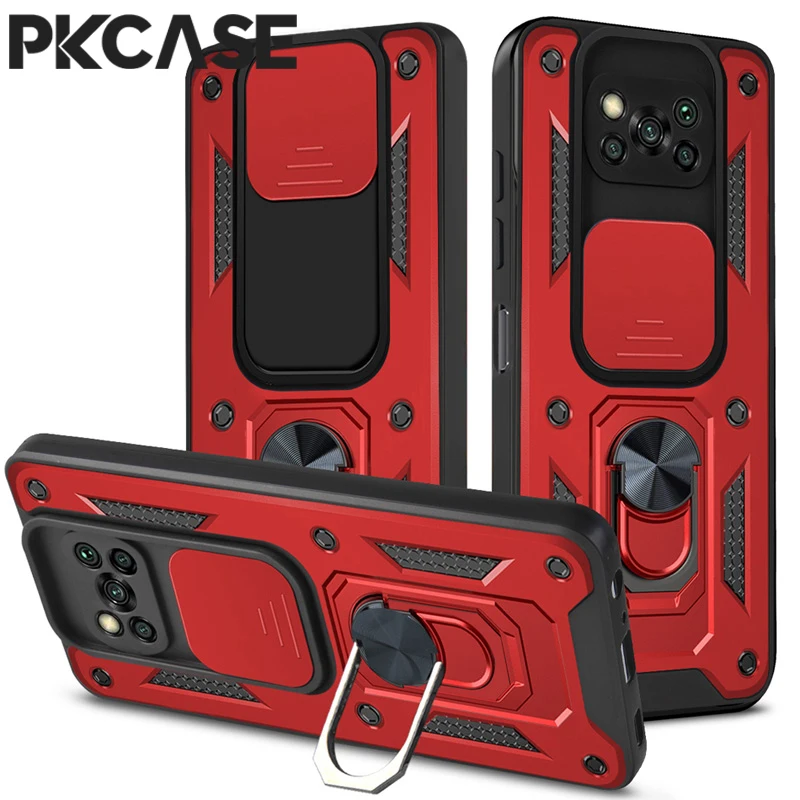 PKCASE Shockproof Phone Case For Xiaomi POCO X3 X3NFC X3Pro Ring Bracket Push Window Cover For POCO M4 Pro 4G F4 GT