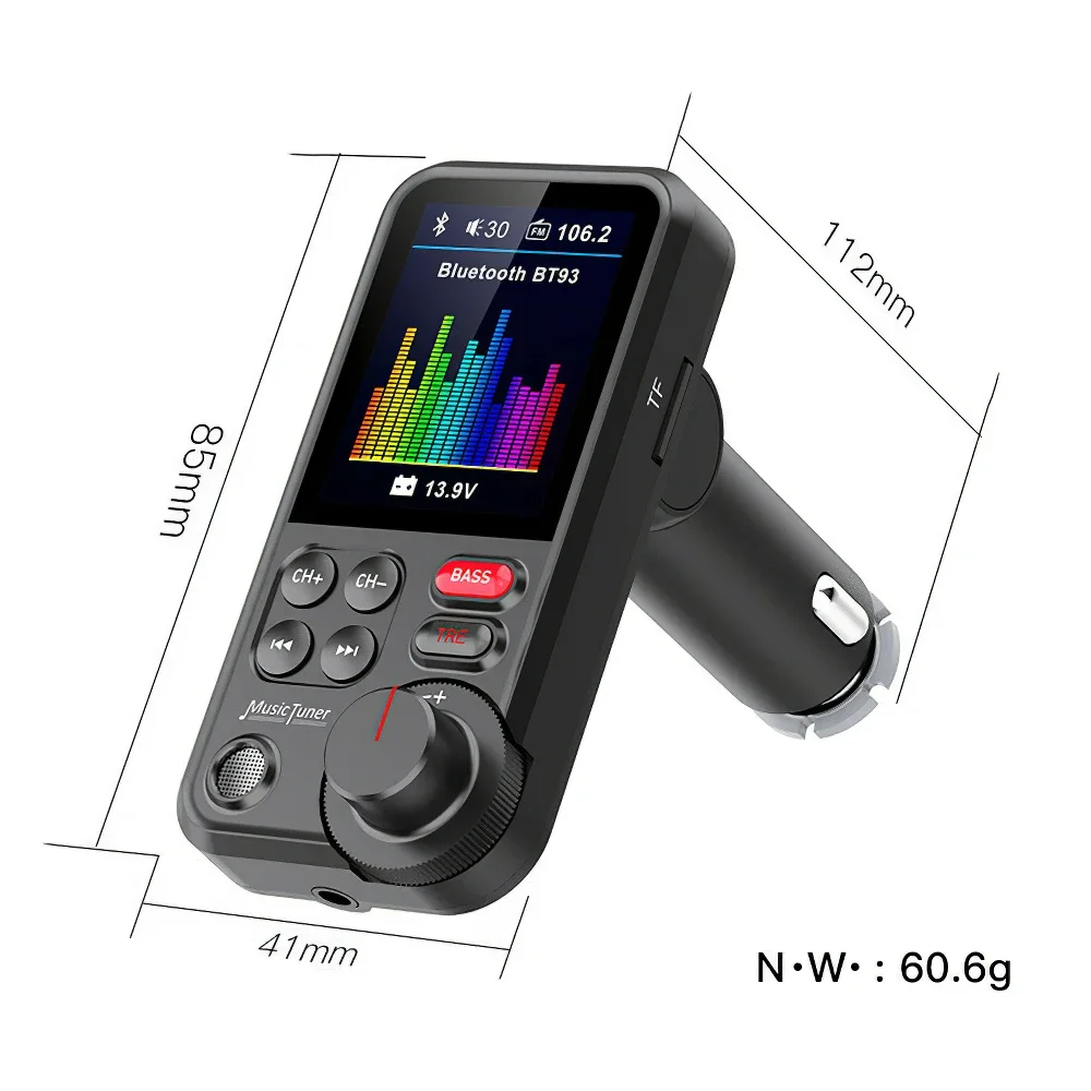 1.8 Inch Wireless Car Bluetooth FM Transmitter Aux Supports QC3.0 Charging Treble and Bass Sound Music Player