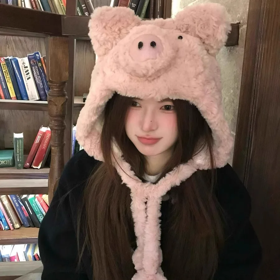 Adorable Plush Piglet Ear Hat for Women Winter Thickened Warmth-Retaining Beanie Ear-Warming Scarf Cold-Resistant Cotton Hat