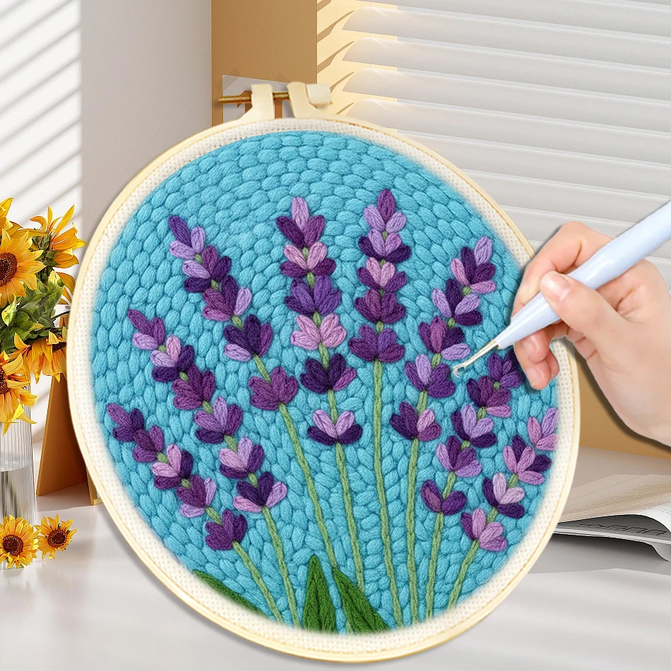 CHENISTORY  DIY Punch Needle Kits for Beginners Yarn Sewing Floral Pattern with Hoop Embroidery Punch Needle Starter Craft Set